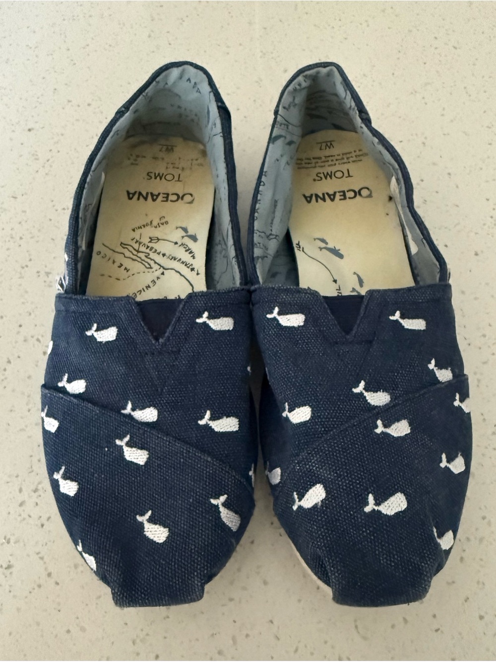 Toms Kids Navy Canvas Slip-Ons with White Whale Print